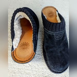 UGG Leather Gael MULE Knit-Cuff Lined Slip-On Wedge Shoe Clogs 8 BLACK SUEDE